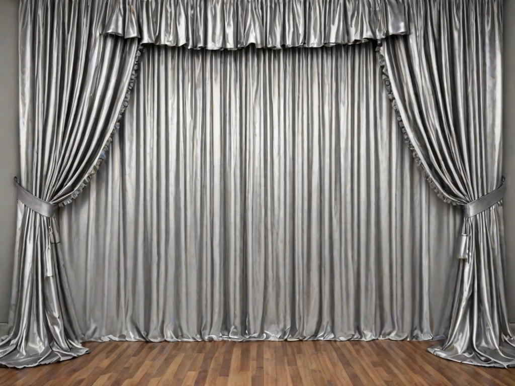 generate an image of a silver satin ruffled curtain with a shiny texture hanging straight across a plain background