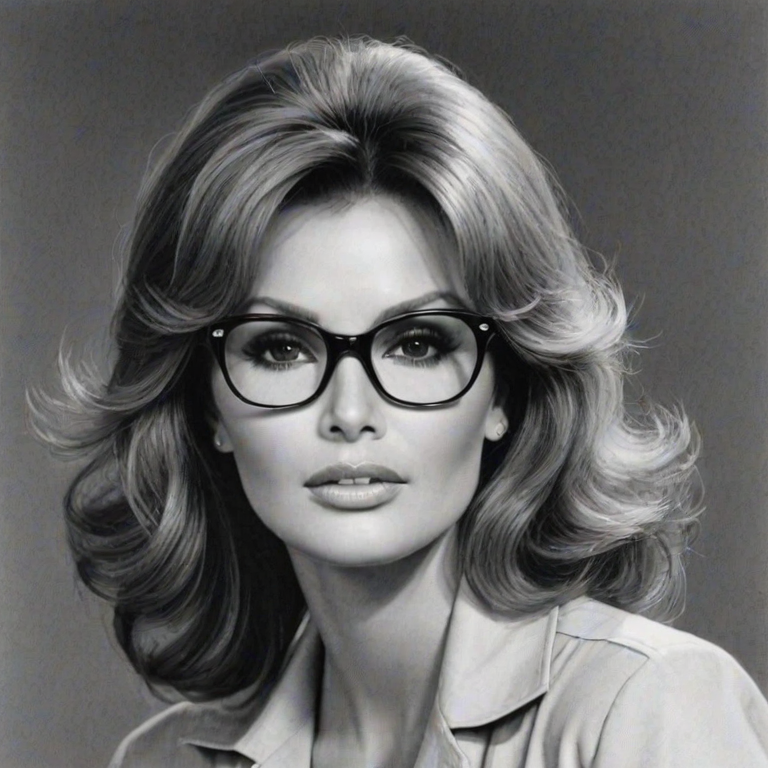 Bewitching Raquel Welch, pencil sketch, portrait of Enchanting woman 1928s in glasses, hair style beatnik, outline, clear lines, fine lines, 8k
