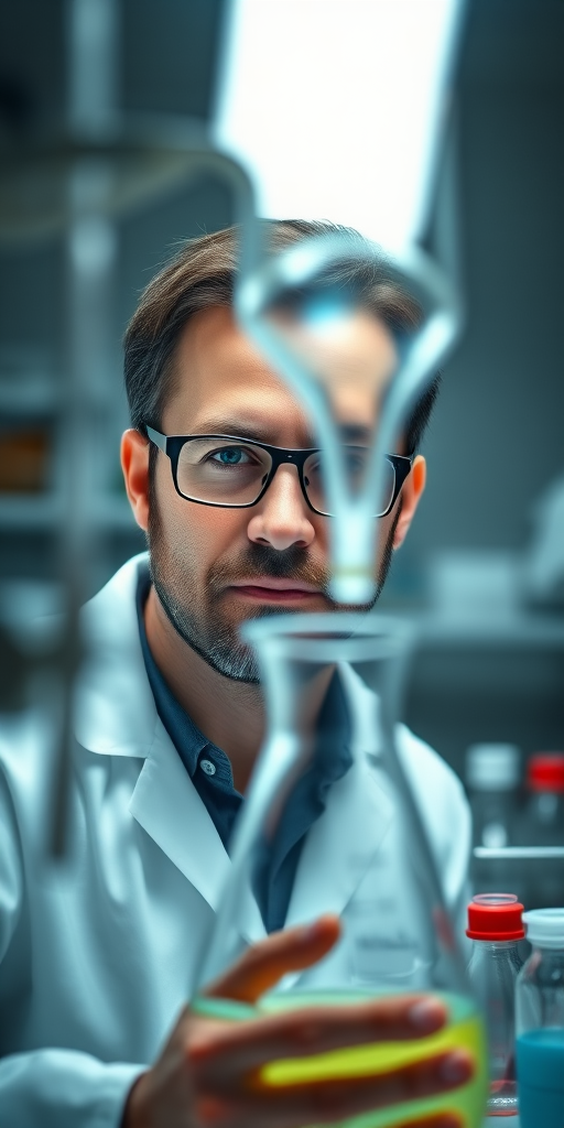 Portrait of a scientist in a dimly lit lab, focused on a beaker, using a DSLR camera with a 50mm lens, f/1.8 aperture, ISO 200, 1/125 sec shutter speed, shallow depth of field, soft lighting, high contrast colors.