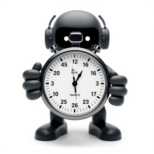Create an image of a 3D humanoid figure holding a stopwatch, white background, camera settings: f/8, ISO 100, shutter speed 1/250s, camera view: front view, camera style: clean and minimalistic, camera type: digital DSLR.