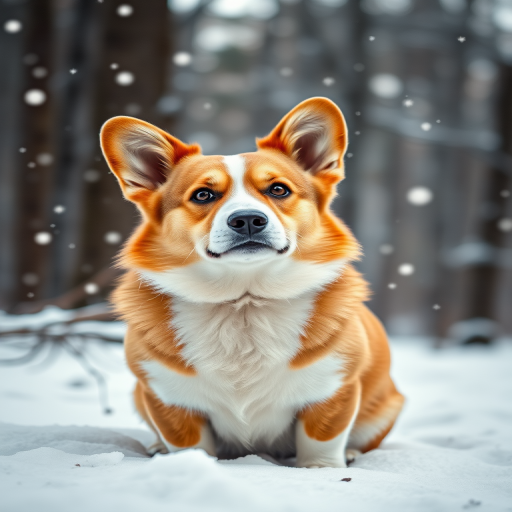 Create a realistic portrait of a Corgi sitting in a snowy forest, with soft snowflakes falling around, using a Canon EOS R5 camera with a 50mm f/1.2 lens at f/2.8, ISO 200, Shutter Speed 1/200s, in natural light to enhance the details and warmth of the fur and background.