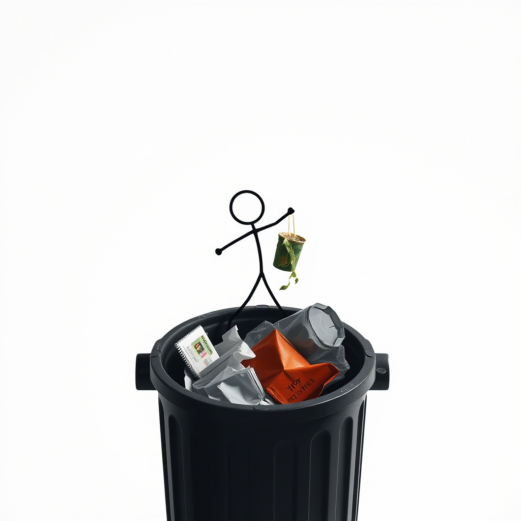 regenerate an image of a stick figure throwing trash into a trash bin with a clean design, high contrast, use a Canon EOS R5, aperture f/8, ISO 100, 50mm lens, sharp focus, minimalist style, top-down view