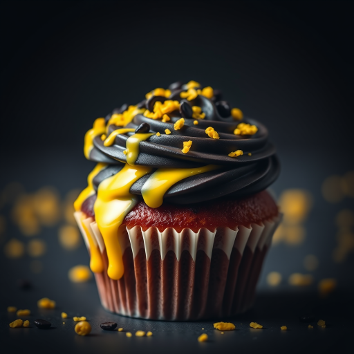 A styled cupcake with black and yellow frosting, vibrant drips, sprinkled with black and yellow toppings, shot using a Canon EOS R5 at f/2.8, ISO 100, 1/125 sec, with a macro lens in a moody studio setting.
