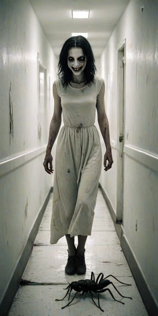 a crooked female with long arms and a creepy smile is crawling along a long white corridor and you can also see cockroaches in it there is a creepy atmosphere creepy art style