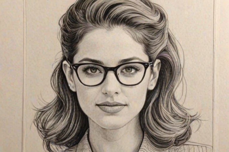 Radiant Lyndsy Fonseca, pencil sketch, portrait of Beauteous woman 1947s in glasses, hair style beatnik, outline, clear lines, fine lines, 8k