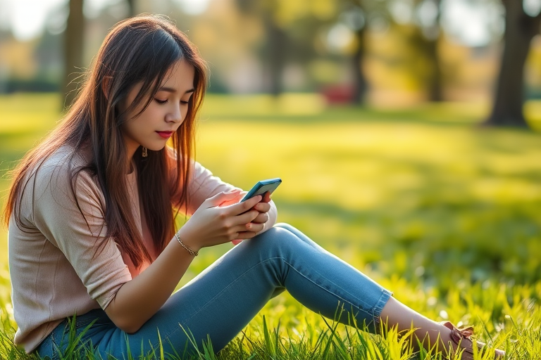 Regenerate an image of a young woman sitting on the grass in a park, looking at her phone, with a shallow depth of field, natural lighting, Nikon D850 camera settings, f/2.8 aperture, 50mm lens, soft focus background, capturing the vibrant green of the grass and a relaxed atmosphere.