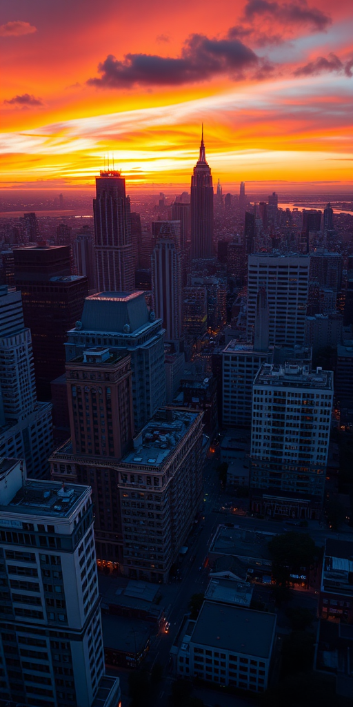 A vibrant cityscape at sunset with buildings reflecting warm colors, captured with a Canon EOS R5, ISO 100, f/8 aperture, 24mm lens, 1/125 sec shutter speed, from a high vantage point.