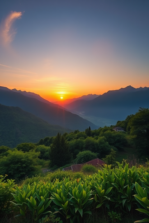 Create an image of a serene landscape during sunset with mountains in the background, lush greenery in the foreground, shot with a Canon EOS R5 at f/8, ISO 100, 1/250s, using a wide-angle lens, in vibrant colors and high dynamic range.