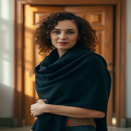 capture a portrait of a woman with curly hair wearing a black shawl, standing in a sunlit room with wooden doors, use a DSLR camera, 50mm lens, aperture f/2.8, ISO 100, soft natural lighting for enhanced image quality