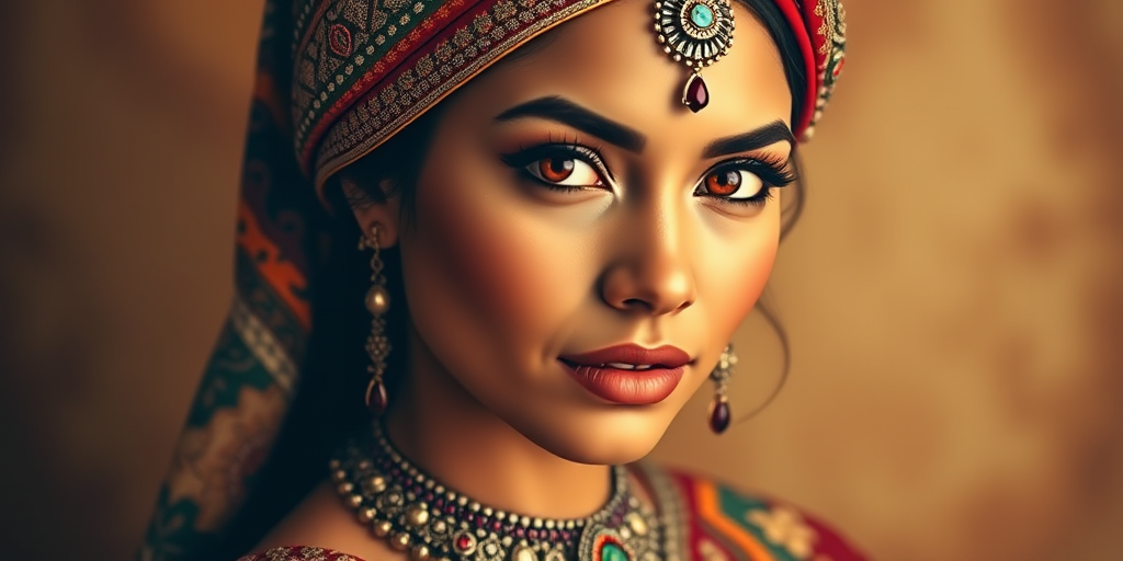 Create a portrait of a beautiful Latino woman with striking red eyes and a gentle expression. She is adorned in traditional attire with intricate patterns, including a richly embroidered headscarf and matching garments. Her jewelry includes a delicate headpiece, dangling earrings, and ornate bracelets, all featuring vibrant gemstones and detailed metalwork. The background is soft and warm, enhancing the rich colors of her outfit and jewelry.