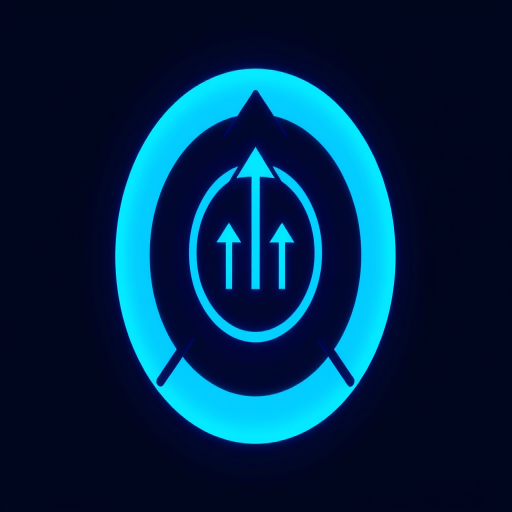 Create a high-resolution image of a modern logo featuring a circular design with concentric circles and arrows pointing upwards, using a soft blue color scheme, shot with a DSLR camera at f/2.8 aperture, 50mm lens, with a shallow depth of field and high dynamic range.