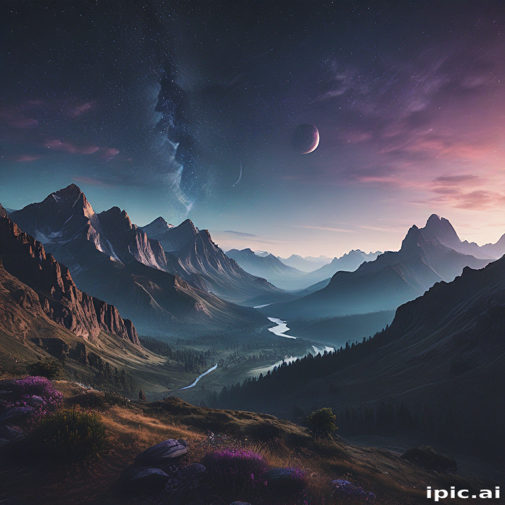 Stunning Cosmic Landscape: Majestic Mountains Under a Starry Sky at Dusk