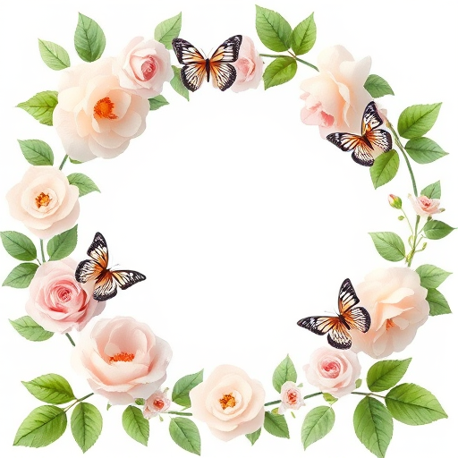 Create an illustration of a circular floral frame with soft pastel roses and green leaves, featuring delicate butterflies, captured with a Canon EOS R5 at f/2.8, 1/125 sec, ISO 100, in a bright and airy studio lighting setup.