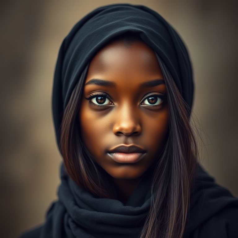 Create a portrait of a young African American female with long, dark hair and captivating hazel eyes. She is wearing a black headscarf and a matching scarf draped gracefully around her neck. The background is softly blurred, focusing attention on her serene and natural expression. The overall color palette is muted and warm, enhancing the intimate and authentic feel of the portrait.