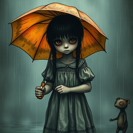 An eerie, weird little girl with dark hair in thin pigtails, wearing a smock dress, standing in the rain, holding a dirty orange umbrella, a small, odd creature beside her. In a surreal style inspired by Nicoletta Ceccoli and Brian Froud. Dark fantasy themes