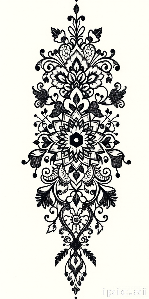 Ornamental blackwork tattoo named "Lace and Shadow" featuring intricate patterns inspired by henna designs and Victorian lace, with delicate linework and negative space creating a feminine and elegant aesthetic