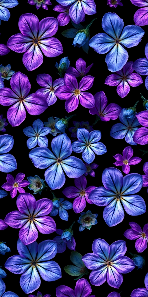 Generate a high-resolution floral pattern featuring purple and blue flowers on a dark background, using a DSLR camera with a 50mm lens, aperture f/2.8, ISO 100, focus on intricate details and sharpness from a top-down perspective.