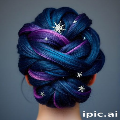 Celestial Galaxy Updo featuring a mesmerizing swirl of deep indigo purple and teal shades intermixed with shimmering silver star-like accents in an elaborate twisted bun