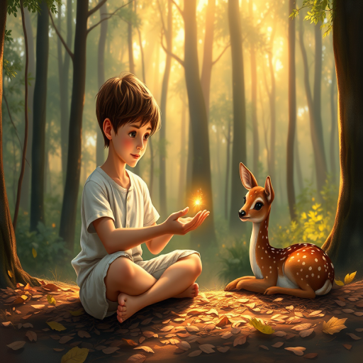 A luminous digital painting of a serene forest scene featuring a barefoot young boy, about 7 years old, with brown hair and fair skin, dressed in a simple white outfit. He sits cross-legged on the forest floor, gazing at a small, glowing, magical firefly in his hand. Beside him, a delicate spotted deer lies calmly on a bed of dried leaves, observing the scene. The dense forest is bathed in warm, golden light filtering through the trees, creating a peaceful, magical atmosphere with a blend of natural and mystical elements.