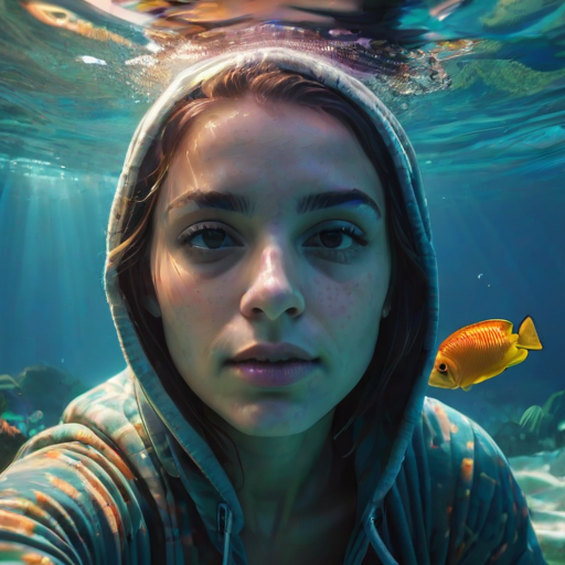 Realistic selfie image of a Hispanic, wearing a vintage outfit, detailed dreamy eyes, droopy hooded eyes, staring at the camera, taken underwater at coral reef with a sunbeam filtering through the water, vibrant, summer vacation, natural lighting, turtle and school of tropical fish with vibrant colors, rendered in the style of CryEngine, Pegi Nicol MacLeod, with realistic genre scenes, hauntingly beautiful narratives, ultra-realism, and Thomas Saliot's close-up technique, 8K resolution, crystal clear and sparkling water.