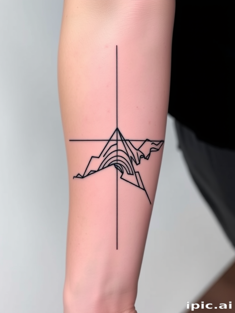 Minimalist blackwork tattoo called "Shadows and Lines" showcasing intricate linework and negative space, creating a striking contrast against the skin with bold black ink and precise geometric patterns, inspired by architectural blueprints and topographical maps