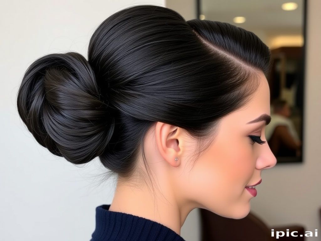 Sophisticated hair style featuring a smooth french twist updo with a deep side part in a glossy jet black shade