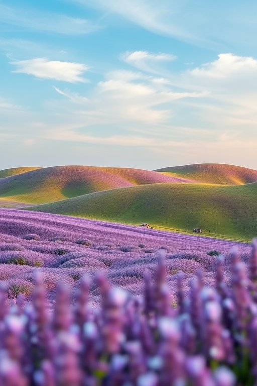 generate a serene landscape featuring rolling hills covered in lavender flowers under a soft blue sky with wispy clouds, use a Canon EOS 5D Mark IV, focal length 50mm, aperture f/8, ISO 100, and a soft focus style to enhance the watercolor effect