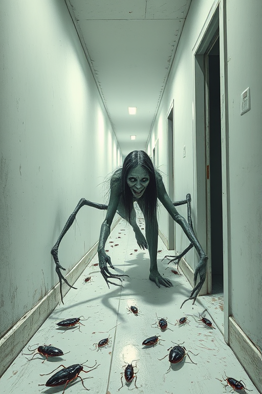 a crooked female with long arms and a creepy smile is crawling along a long white corridor and you can also see cockroaches in it there is a creepy atmosphere creepy art style