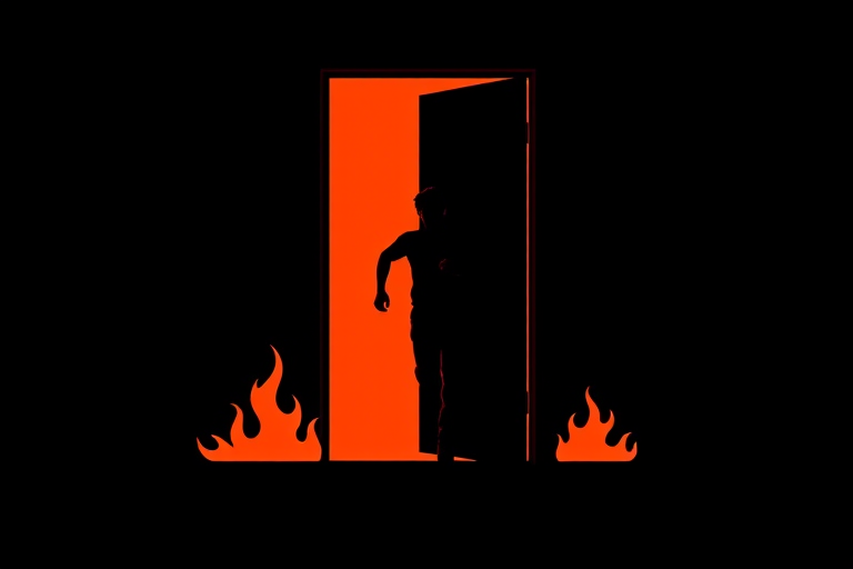 Create a minimalist vector illustration of a silhouette of a person running away from a doorway with flames representing hell, using a 50mm lens, f/2.8 aperture, 1/100s shutter speed, in high contrast style, shot with a DSLR camera.