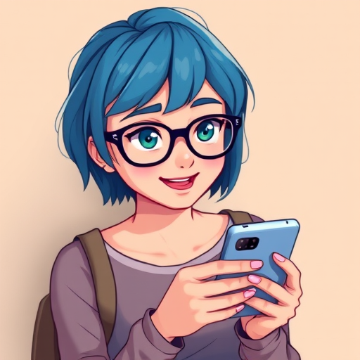 Generate an image of a cartoonish woman with blue hair and glasses holding a phone, using digital illustration style, with a soft focus effect, shoot with a high-resolution digital camera at f/4 aperture, ISO 100, 50mm lens, top-down view.