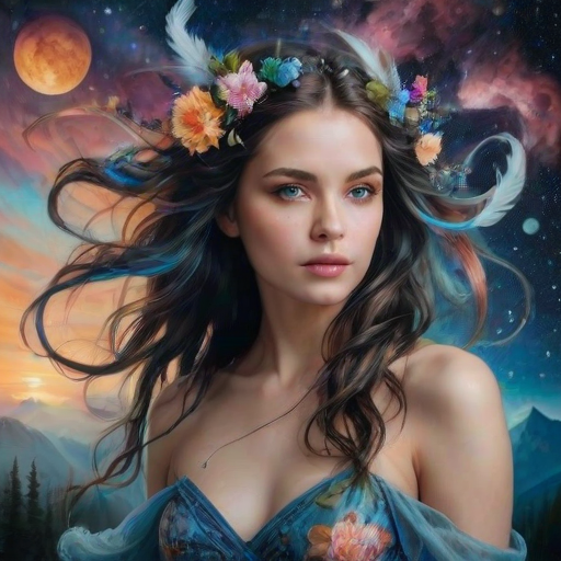 Create a series of imaginative portraits where each subject is infused with elements of fantasy and nature. The hair of the individuals should flow like clouds, varying from soft, fluffy cumulus to wispy cirrus strands, with hints of color reflecting a sunset or a clear blue sky. The eyes should be windows to entire galaxies, with stars, nebulae, and distant planets visible within them. Clothing should be adorned with nature motifs, such as floral patterns that bloom and change, vines that seem to grow and wrap around, or feathers that shimmer with iridescence. Each portrait should capture a unique personality, blending human features with the ethereal beauty of the natural and cosmic world. The backgrounds can vary, from starry night skies to enchanted forests, adding depth and context to the magical realism of the portraits