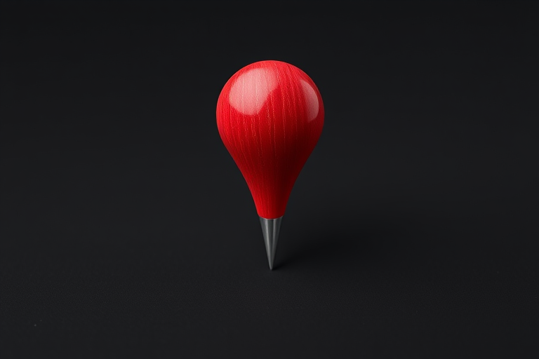 Create a high-resolution vector graphic of a red map pin with a textured wooden finish, shot with a DSLR camera at f/4 aperture, ISO 100, in soft natural lighting, with a focus on the pin symbol against a plain black background.