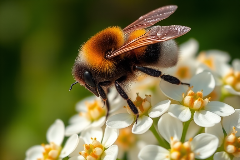 close-up shot of a bumblebee on white flowers, natural light, 50mm lens, f/2.8 aperture, ISO 200, depth of field focus, macro photography, DSLR camera