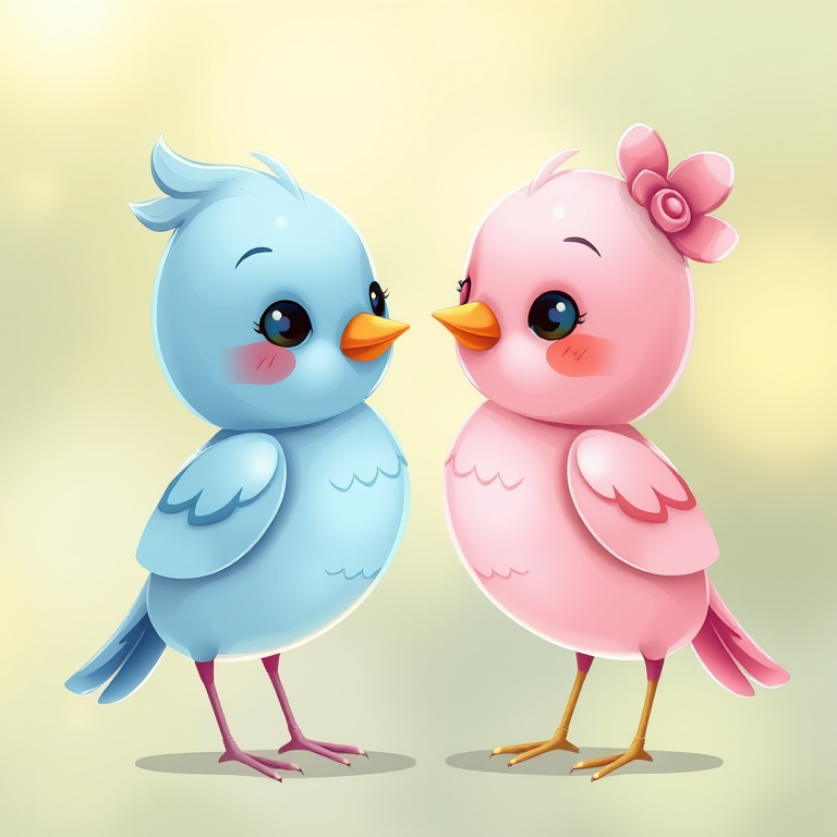 create an illustration of two cute cartoon birds, one blue and one pink, facing each other and smiling, soft pastel colors, clear details, 50mm lens, f/2.8 aperture, natural soft lighting, digital illustration style