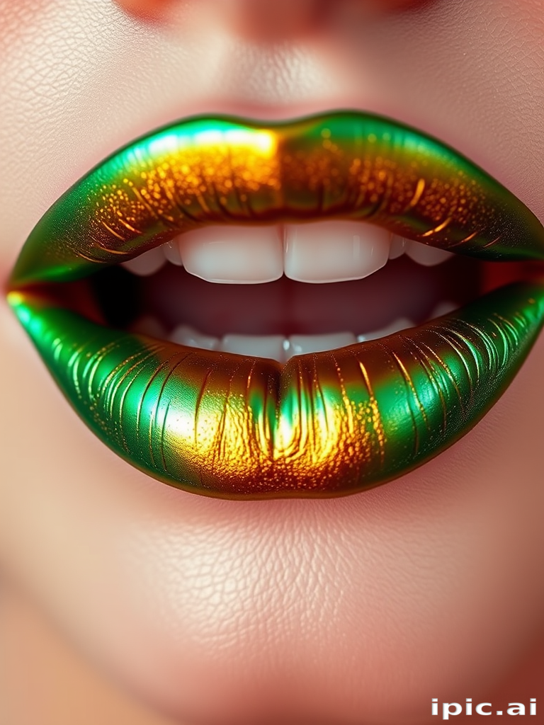 Duochrome green-gold lip topper "Mermaid's Kiss" that transforms any lip color with a magical shift effect, perfect for creative and avant-garde makeup, lightweight and comfortable