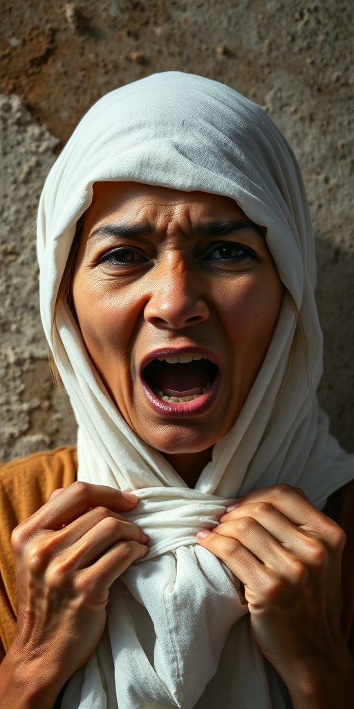 Create a close-up photographic image of a Nepali woman with light skin tones shown against an old, worn wall. Their head is wrapped in a white cloth covering (i.e.... parts of the head except the nose and mouth, which are open as if they are screaming...), with a slight texture and visible folds in the fabric. Thin strands of blonde hair escape from the wrapping above, falling lightly at the top and sides. Their hands hold the fabric as if they are tugging nervously. The lighting is dramatic and even, casting strong shadows. The image has a minimalist and surreal style with an emphasis on simplicity with soft color tones. The composition is centered.