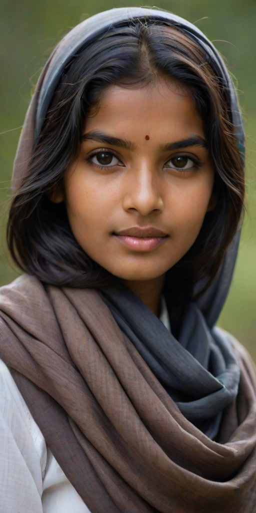 Create a portrait of a young Sri Lankan woman with long, dark hair and captivating hazel eyes. She is wearing a dark headscarf and a matching scarf draped gracefully around her neck. The background is softly blurred, focusing attention on her serene and natural expression. The overall color palette is muted and warm, enhancing the intimate and authentic feel of the portrait.