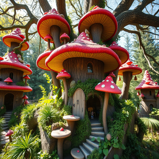 Generate a vibrant, whimsical treehouse scene with elaborate mushroom-shaped roofs, surrounded by lush greenery, captured with a DSLR camera at f/2.8, ISO 100, 35mm focal length, in a sunny outdoor environment, utilizing a wide-angle lens for enhanced depth and detail.