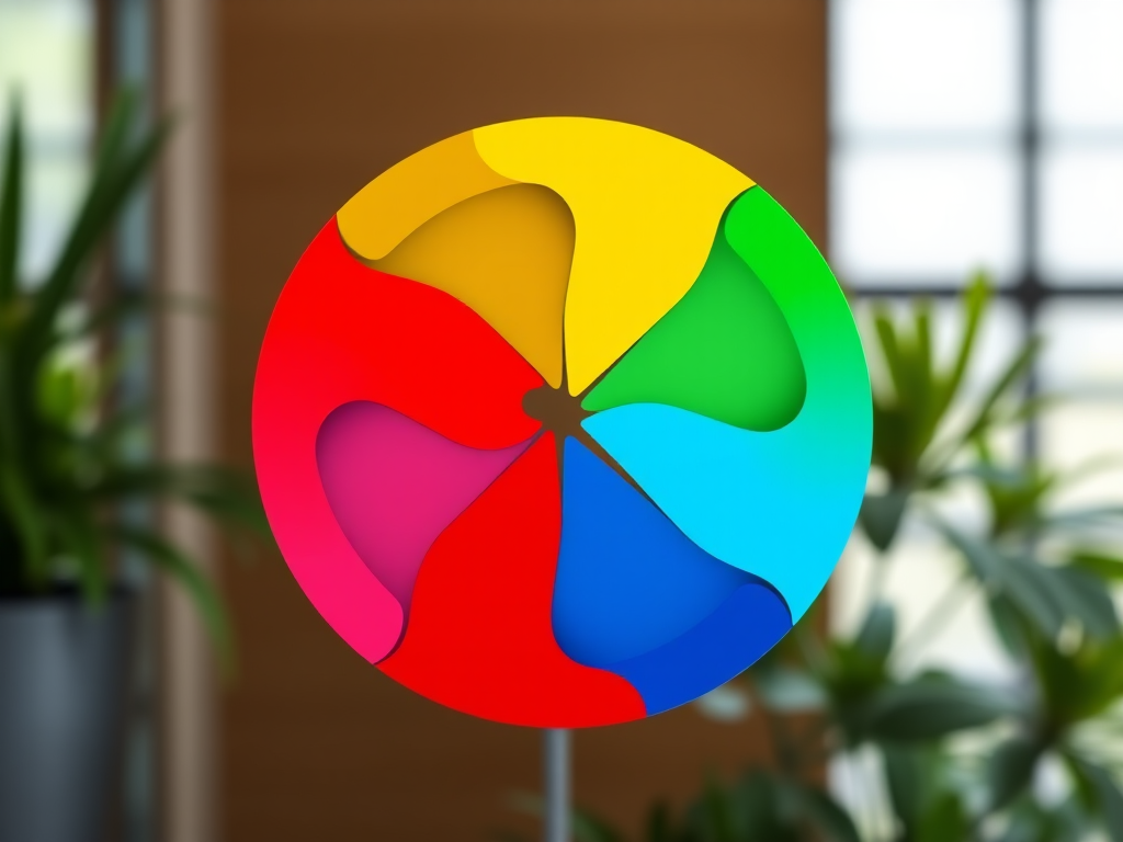 Create a high-resolution image of a colorful circular logo featuring red, green, yellow, and blue segments, using a DSLR camera with a 50mm lens, aperture set to f/1.8, ISO 100, shot from a straight-on view with soft natural lighting.