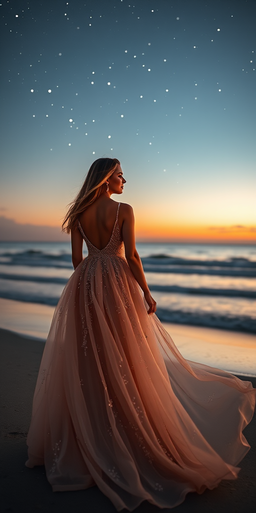 a woman in a flowing, sparkly gown standing at the beach during sunset with a starry sky, captured with a Canon EOS R5, 85mm f/1.2 lens, ISO 100, 1/60s, wide aperture for a dreamy background blur, golden hour lighting, long exposure to enhance stars