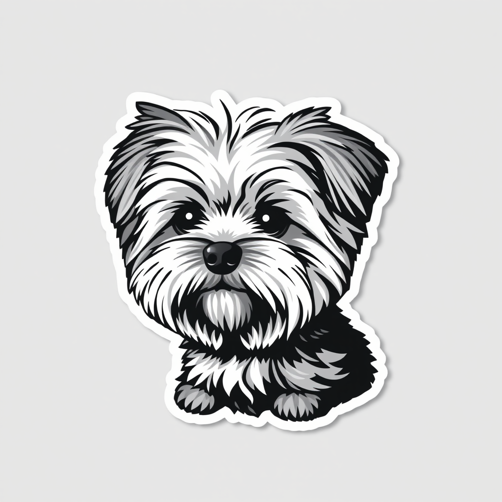 create sticker, 3D black and white pomapoo dog breed, grey background
