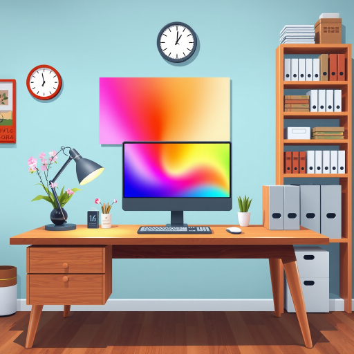 A digital illustration of a modern office workspace featuring a wooden desk with a computer monitor displaying a colorful interface, a desk lamp, and decorative items like a vase with flowers, a wall clock, and bookshelves filled with boxes and files, with a focus on vibrant colors and sharp details, shot with a high-resolution camera at f/8, ISO 100, 35mm lens, and a frontal view to capture the entire scene symmetrically.