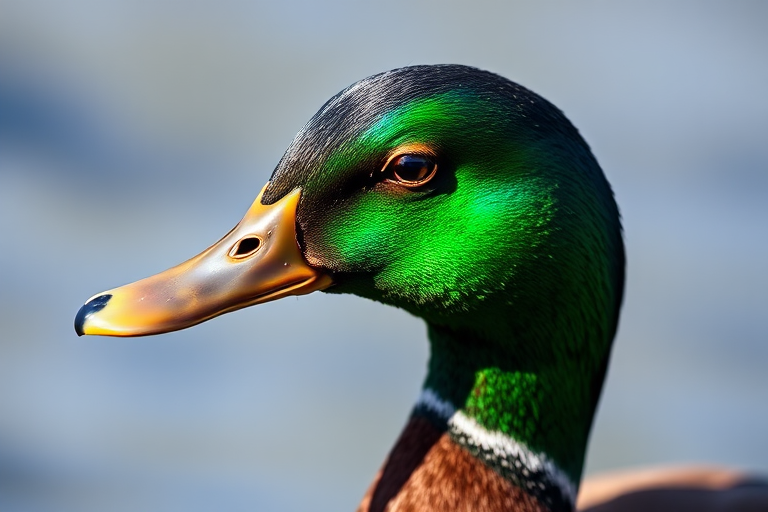 Generate a high-resolution image of a mallard duck with a focus on its vibrant green head, using a 50mm lens, aperture f/2.8, ISO 100, in natural sunlight, with a shallow depth of field to create a soft background.