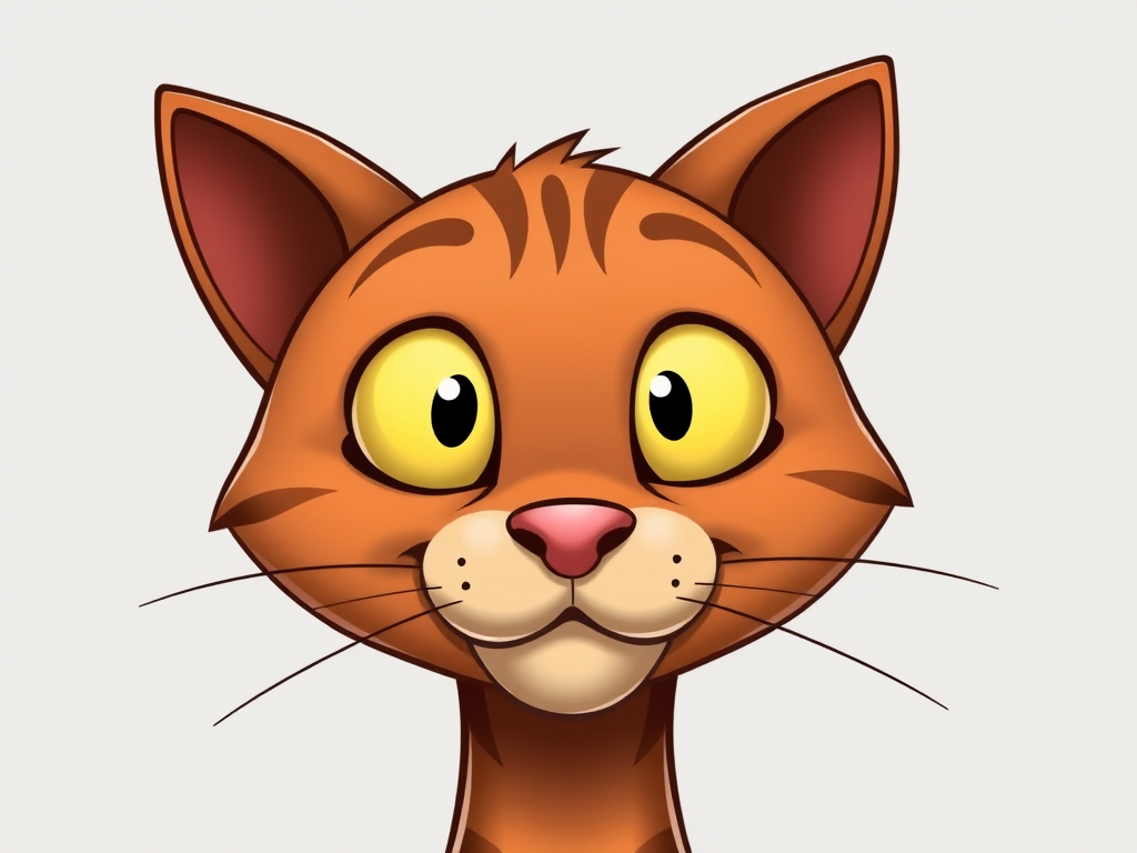 Generate an image of a cartoon-style cat face with a brown color scheme and exaggerated features, using a DSLR camera with a 50mm lens, aperture f/1.8, ISO 200, shot in macro view for sharp detail and vibrant colors.