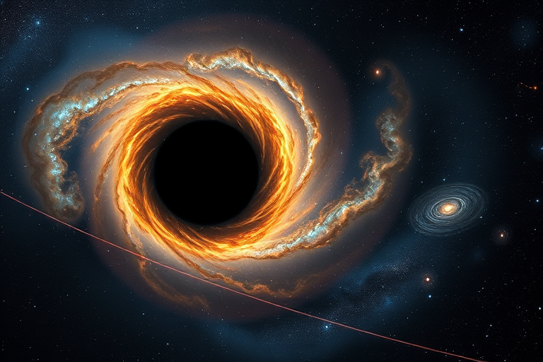 A cosmic scene featuring a black hole surrounded by swirling gas and distant galaxies, captured with a DSLR camera at f/2.8, 1/100s shutter speed, ISO 800, in a wide-angle view, using astrophotography style to enhance clarity and detail.
