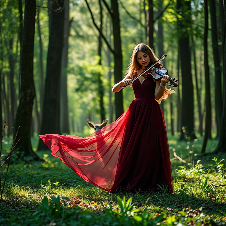 Create an ethereal forest scene featuring a woman in a flowing burgundy gown playing the violin, with a curious deer nearby, soft natural lighting, f/2.8 aperture, ISO 100, 24mm lens, DSLR camera, landscape orientation, high dynamic range.