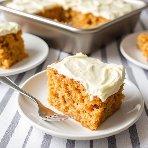 A slice of moist apple cake with cream cheese frosting on a white plate with a fork beside it, another slice on a nearby plate, and a metal baking pan in the background on a striped tablecloth.