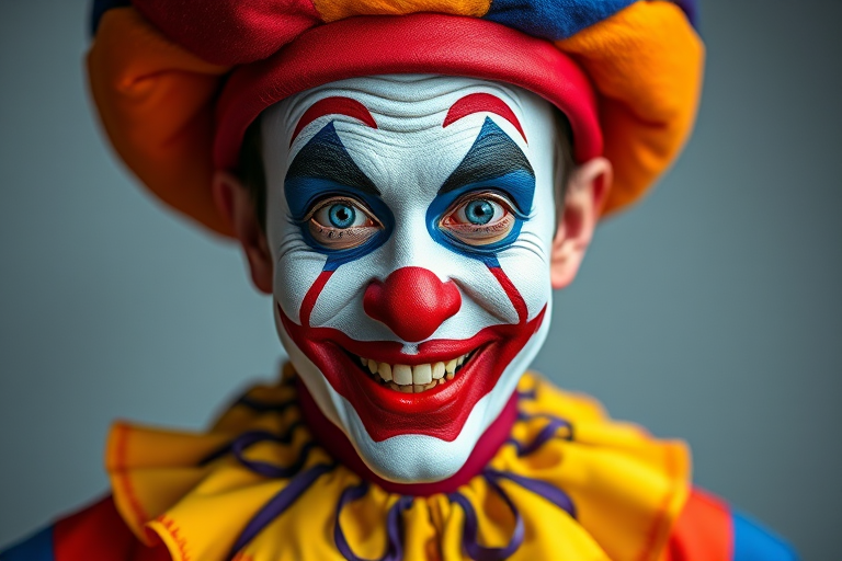 Create a high-resolution portrait of a clown with colorful makeup and a vibrant costume, using a Canon EOS R5 with a 50mm f/1.2 lens, ISO 100, aperture f/2.8, and a softbox for even lighting, shot from eye level in a studio setting to enhance detail and expression.