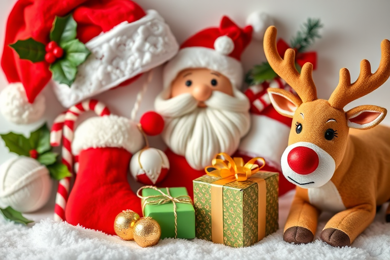 Create a high-resolution image of a festive holiday collection featuring a holly leaf, Santa hat, candy cane, Santa face with a beard, Christmas stocking, reindeer, gift box, and a reindeer with a joyful expression, captured with a DSLR camera at f/2.8 aperture, ISO 100, and 50mm lens in natural light for vibrant colors and sharp details.