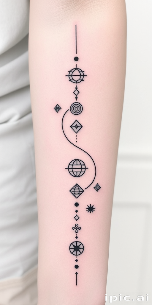 Minimalist single line tattoo named "Continuous Journey" using one unbroken line to create a flowing design of interconnected symbols and shapes representing life's path